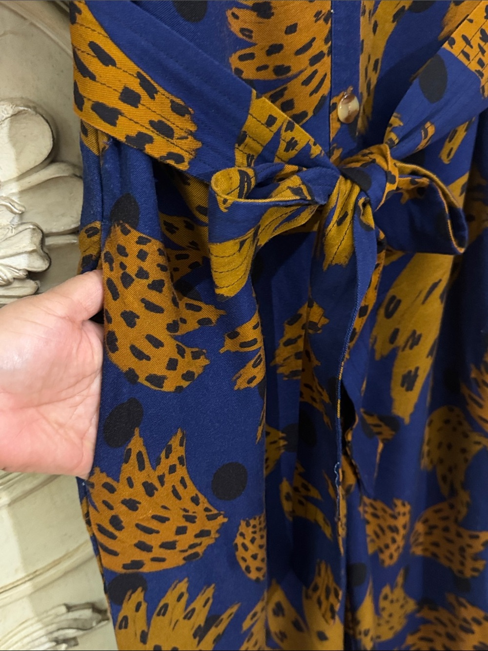 Farm Rio Banana Blue & Brown Printed Jumpsuit with Tie Waist Size Small - Picture 10 of 16